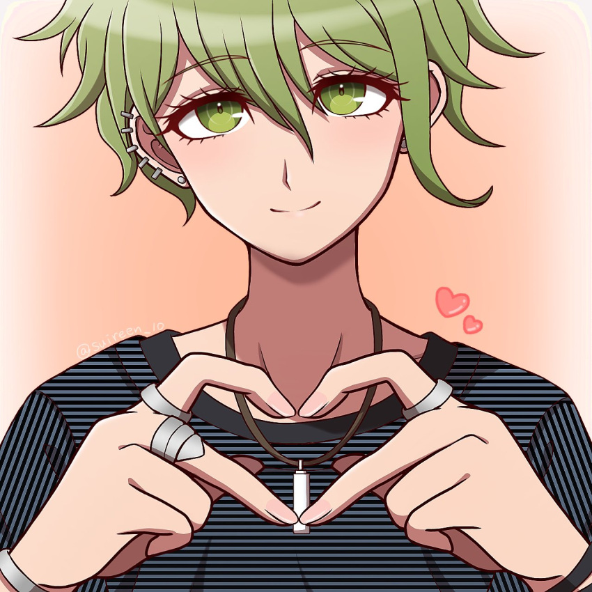 1boy amami_rantarou bangs brown_background closed_mouth danganronpa_(series) danganronpa_v3:_killing_harmony ear_piercing earrings gradient_background green_eyes green_shirt hair_between_eyes heart heart_hands highres jewelry male_focus necktie piercing ring shirt short_hair solo striped striped_shirt suiren_yurei