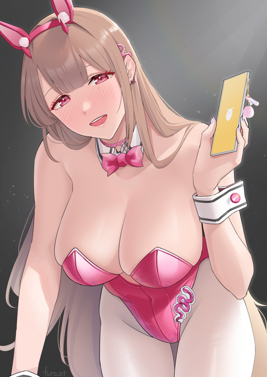 1girl animal_ears bare_shoulders blush bow bowtie breasts cellphone crotch detached_collar fake_animal_ears goddess_of_victory:_nikke high_heels highres holding holding_phone homomomomon horns large_breasts leotard light_brown_hair long_hair looking_at_viewer open_mouth pantyhose phone pink_eyes pink_horns pink_leotard playboy_bunny rabbit_ears smartphone smile solo thighs viper_(nikke) viper_(toxic_rabbit)_(nikke) white_pantyhose wrist_cuffs