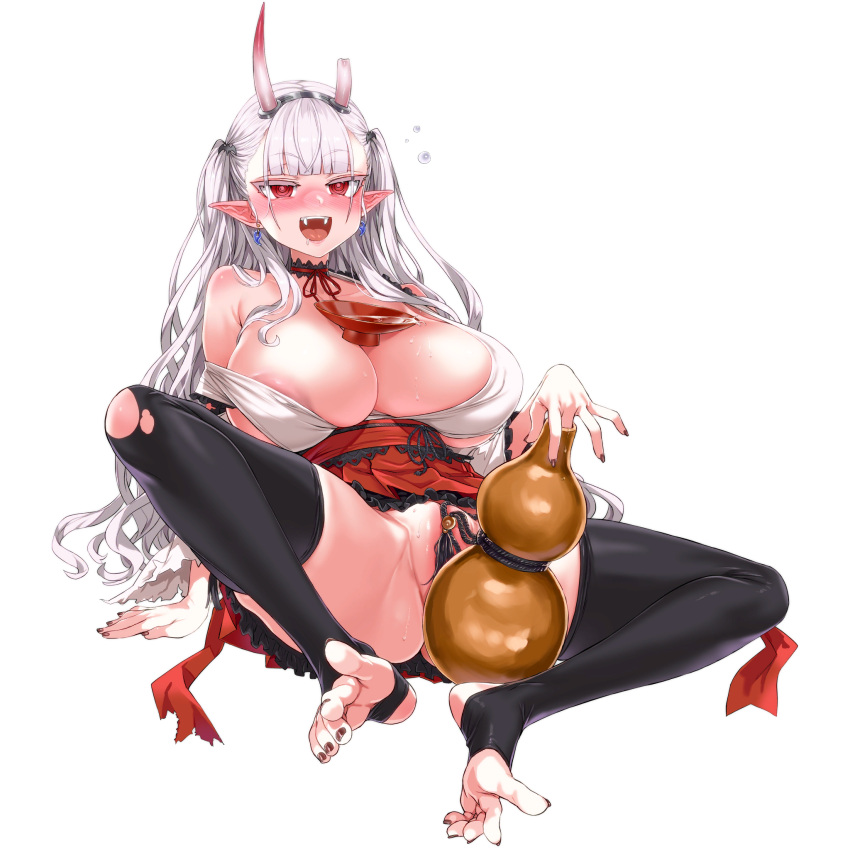 1girl :d @_@ alcohol areola_slip asanagi back_bow bat_hair_ornament black_collar black_thighhighs blush bow breasts broken_horn brown_nails bubble center_opening cleavage collar collarbone convenient_censoring cup detached_collar detached_sleeves draculina_(last_origin) drooling drunk earrings fake_horns fangs feet foot_focus frilled_collar frilled_kimono frilled_skirt frilled_sleeves frills full_body gigantic_breasts gourd groin_tendon hair_ornament hakama hakama_short_skirt hakama_skirt hand_on_ground highres horns japanese_clothes jewelry kimono last_origin long_hair long_sleeves magatama magatama_earrings nail_polish naked_kimono neck_ribbon no_panties nontraditional_miko obi official_alternate_costume official_art oni_costume oni_horns open_mouth partially_visible_vulva pleated_skirt pointy_ears puffy_nipples red_bow red_eyes red_ribbon red_skirt ribbon rope sakazuki sake sash short_kimono simple_background sitting skindentation skirt smile solo spilling spread_legs tachi-e tawawa_challenge teeth thick_thighs thighhighs thighs third-party_source toeless_legwear toenail_polish toenails torn_bow torn_clothes torn_thighhighs transparent_background vampire waist_ribbon wet white_hair white_kimono