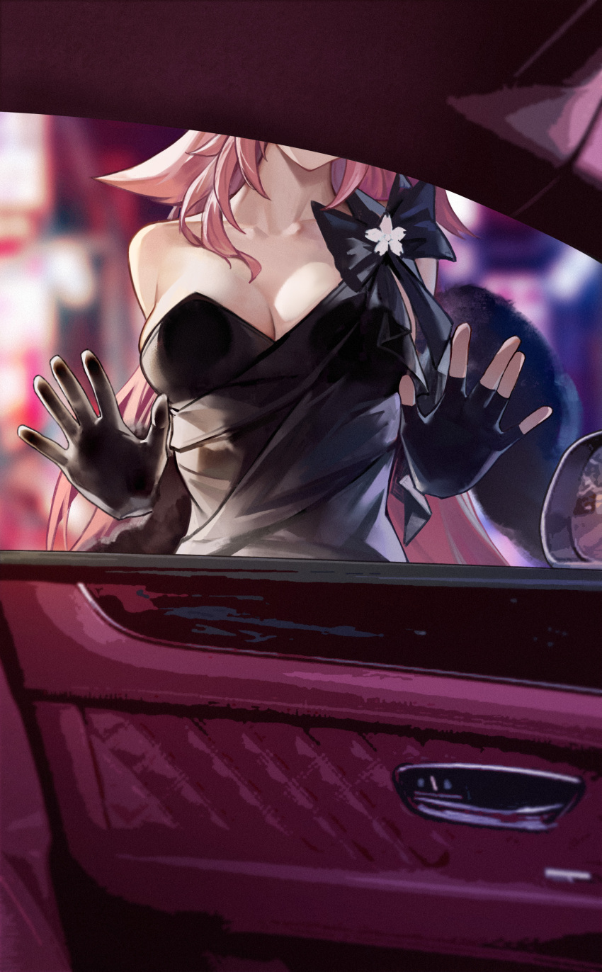 1girl absurdres bare_shoulders black_bow black_dress black_gloves bow breasts cleavage commentary_request dress duplicate genshin_impact gloves highres le_(huanglongen) long_hair pink_hair pixel-perfect_duplicate solo upper_body very_long_hair yae_miko