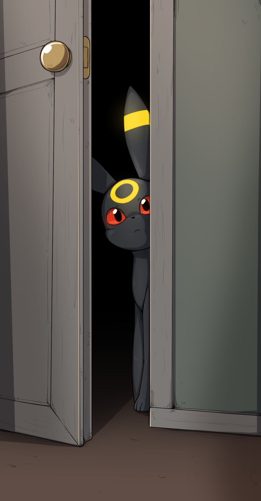 absurd_res ambiguous_gender bioluminescence black_body black_fur door doorknob eeveelution feral fur generation_2_pokemon glowing hi_res inside looking_at_viewer nintendo open_door otakuap pokemon pokemon_(species) quadruped red_eyes shaded solo umbreon yellow_body yellow_fur