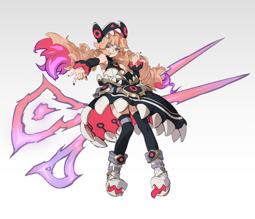 1girl alternate_costume bare_shoulders black_dress black_nails black_thighhighs blonde_hair colored_inner_hair detached_sleeves dress grin gwen_(league_of_legends) highres league_of_legends long_hair lucaxu1991 multicolored_hair nail_polish oversized_object pink_dress pink_hair scar scar_on_face scissors shoes simple_background smile solo soul_fighter_gwen teeth thighhighs tongue tongue_out white_background white_footwear