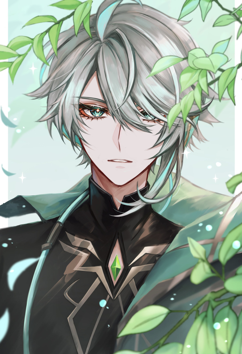 1boy absurdres ahoge alhaitham_(genshin_impact) aqua_hair asymmetrical_sidelocks black_shirt blue_background blue_eyes border branch cable chest_jewel gem genshin_impact genshin_kakino gold_trim green_gemstone grey_hair hair_between_eyes hair_over_one_eye highres leaf looking_at_viewer male_focus mandarin_collar multicolored_hair parted_bangs parted_lips plant shirt short_hair sidelocks simple_background solo sparkle streaked_hair swept_bangs symbol-shaped_pupils two-tone_hair upper_body water_drop white_border