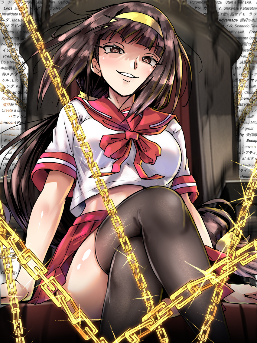 1girl absurdres ajimu_najimi arm_support black_thighhighs blunt_bangs breasts brown_eyes brown_hair chain commentary derivative_work ebora english_commentary english_text head_tilt headband highres long_hair low-tied_long_hair manga_panel_redraw medaka_box medium_breasts neckerchief pleated_skirt red_neckerchief red_sailor_collar red_skirt sailor_collar school_uniform shaded_face short_sleeves sidelocks skirt smile solo symbol-shaped_pupils thighhighs thighs throne very_long_hair yellow_headband
