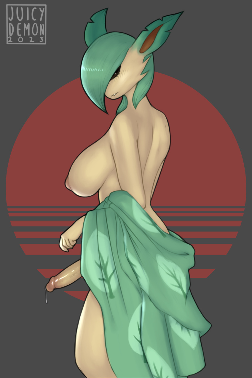 2023 absurd_res areola bodily_fluids breasts brown_eyes eeveelution elemental_creature elemental_humanoid flora_fauna fusion gardevoir generation_3_pokemon generation_4_pokemon genital_fluids genitals green_hair gynomorph hair hi_res humanoid hybrid intersex juicydemon leafeon looking_at_viewer looking_back looking_back_at_viewer nintendo nipples penis plant plant_humanoid pokemon pokemon_(species) pokemon_fusion precum simple_background solo yellow_body