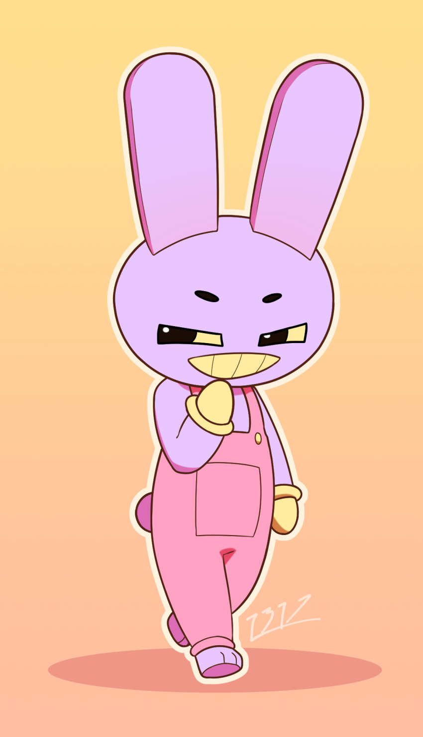 2023 animal_crossing anthro clothed clothing fur glitch_productions gloves grin handwear hi_res i3i2455_ivi394 jax_(the_amazing_digital_circus) lagomorph leporid looking_at_viewer male mammal nintendo overalls purple_body rabbit simple_background smile solo the_amazing_digital_circus