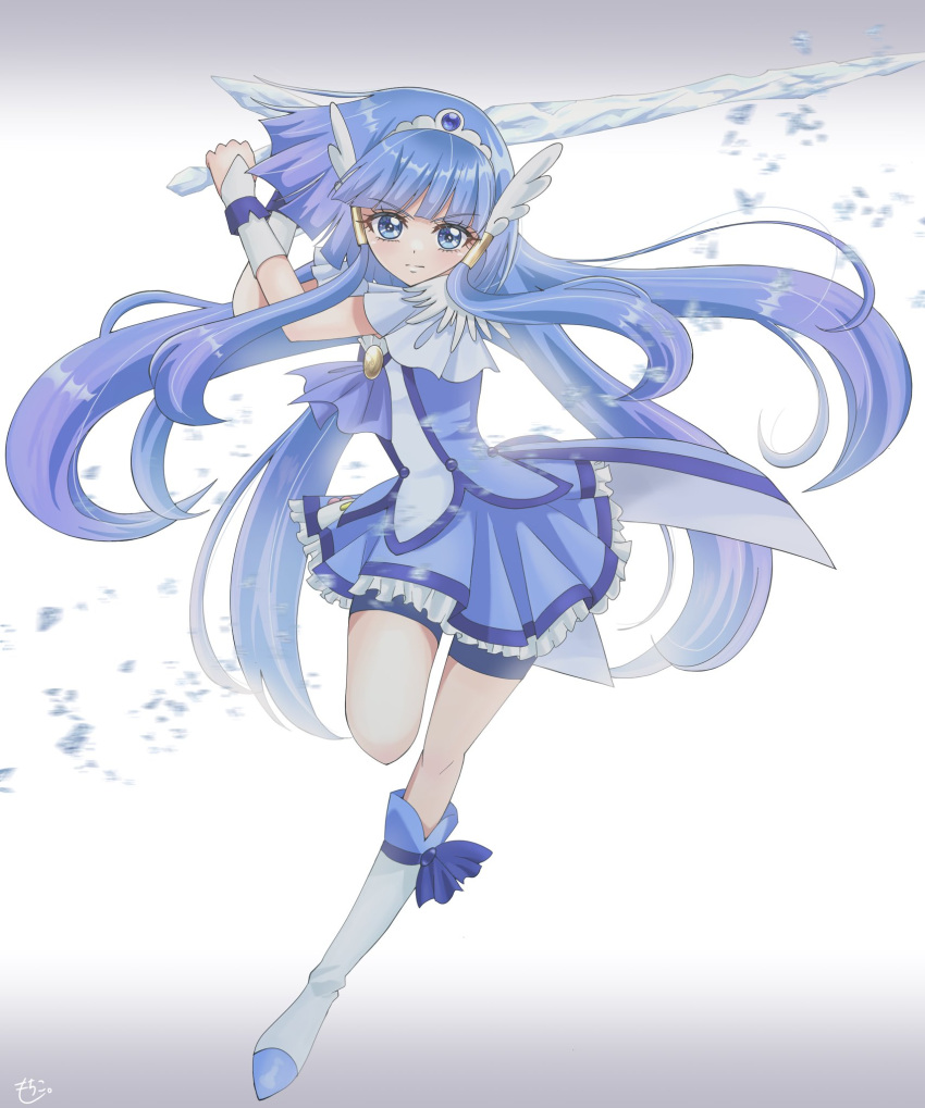 1girl aoki_reika bike_shorts bike_shorts_under_skirt blue_dress blue_eyes blue_hair blue_skirt blue_theme blurry blurry_background boots brooch choker crystal_sword cure_beauty dress full_body hair_tubes head_wings highres jewelry long_hair magical_girl mochico_bb precure shorts shorts_under_skirt skirt smile_precure! solo standing standing_on_one_leg sword tiara weapon white_background wings wrist_cuffs