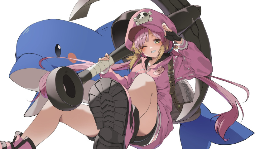 1girl anchor awase_kazuwara backpack bag black_gloves black_shorts blonde_hair boots breasts commentary_request cosplay dolphin fingerless_gloves full_body gloves grey_bag grin guilty_gear hat highres hira_hikari hood hood_down hoodie long_hair long_sleeves looking_at_viewer may_(guilty_gear) may_(guilty_gear)_(cosplay) medium_bangs medium_breasts multicolored_hair nanashi_inc. one_eye_closed pink_footwear pink_hair pink_headwear pink_hoodie salute shoe_soles shorts simple_background skull_and_crossbones smile solo two-tone_hair virtual_youtuber white_background yellow_eyes