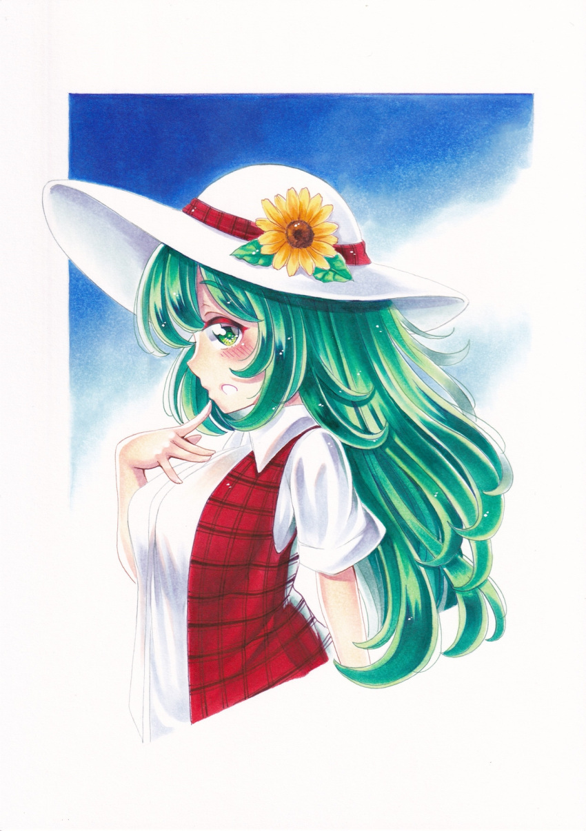 1girl ascot finger_to_mouth flower green_eyes green_hair hat hat_ribbon highres kazami_yuuka kazami_yuuka_(pc-98) long_hair nemonadi petal_on_face plaid plaid_vest ribbon shirt short_sleeves solo sunflower touhou touhou_(pc-98) vest white_headwear white_shirt