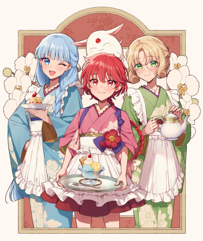 3girls apron blonde_hair blue_eyes blue_hair blue_kimono cake cherry flower food fruit glass green_eyes green_kimono highres holding holding_teapot holding_tray hououji_fuu ice_cream japanese_clothes kimono looking_at_viewer magic_knight_rayearth masami_(souzou_jinsei_sanka) mokona multiple_girls pink_kimono red_eyes red_flower red_hair ryuuzaki_umi shidou_hikaru smile strawberry strawberry_shortcake strawberry_slice sundae teapot tray wafer white_apron white_background white_flower