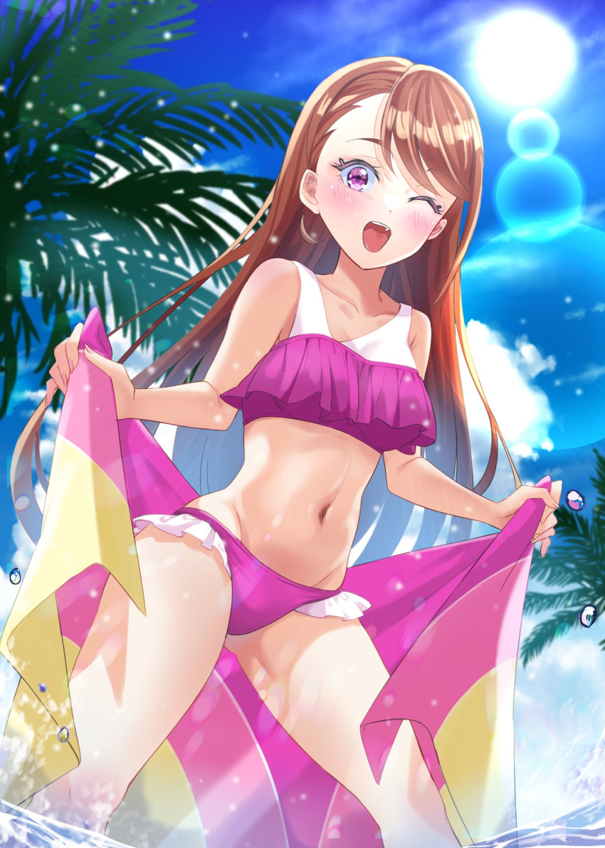 1girl ;d asymmetrical_bangs bikini blue_sky blush breasts brown_hair cloud cloudy_sky commentary day frilled_bikini frills groin highres hijiri_ageha hirogaru_sky!_precure jewelry lens_flare long_hair looking_at_viewer medium_breasts mu-chu navel one_eye_closed open_mouth outdoors palm_tree pink_bikini precure purple_eyes sarong sky smile solo standing swept_bangs swimsuit tree untied_bikini wading water water_drop