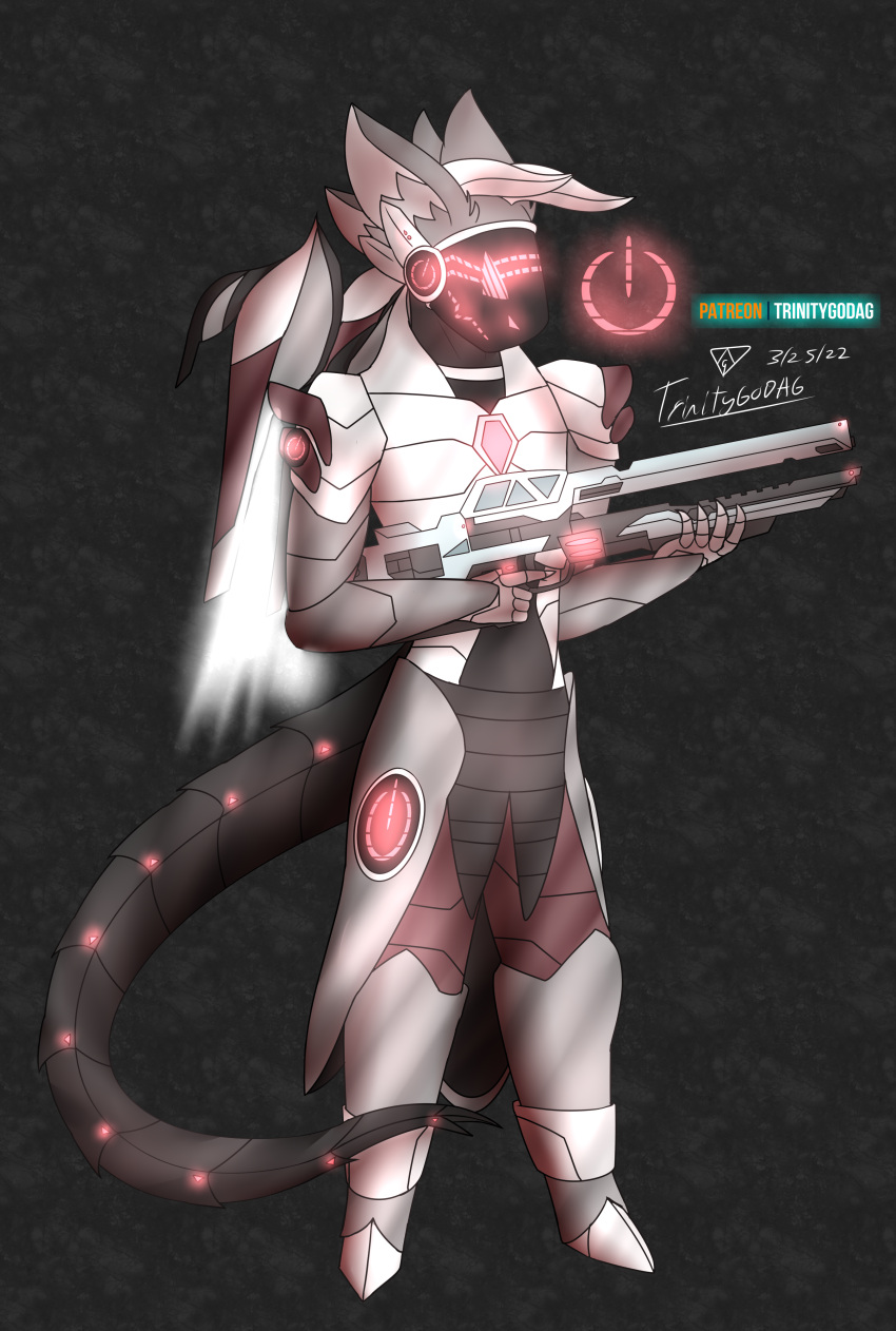 2022 absurd_res ambiguous_gender anthro armor digital_drawing_(artwork) digital_media_(artwork) gun hi_res holding_gun holding_object holding_weapon horn jet_pack machine patreon plate plate_armor prehensile_tail protogen protogen_armor protogen_visor ranged_weapon rifle science_fiction shaded signature solo tail trinitygodag visor_helmet weapon wings