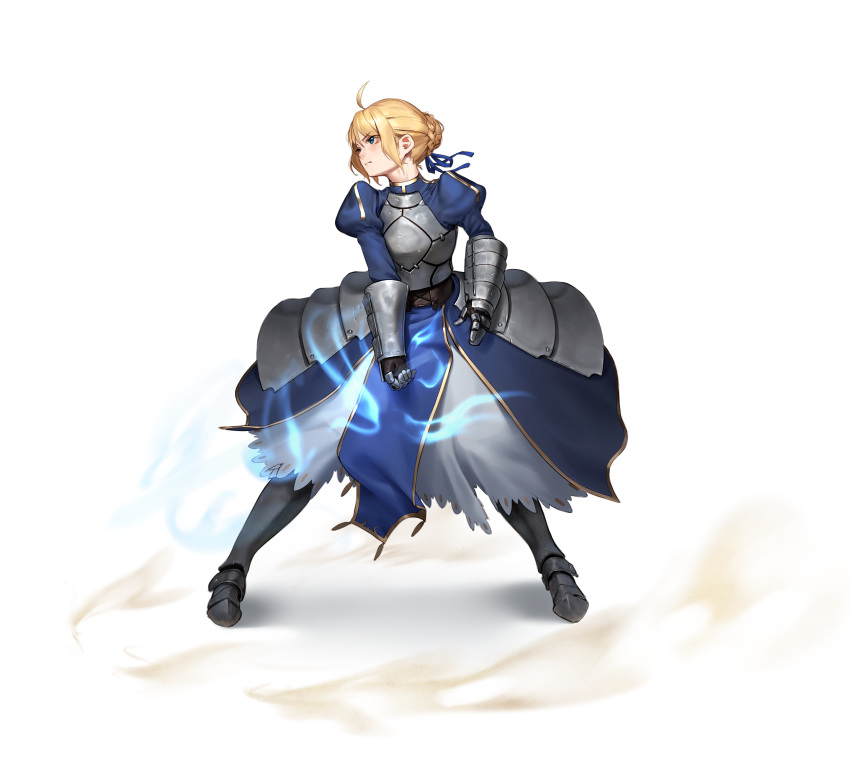 1girl ahoge armor armored_dress artoria_pendragon_(fate) beeeeen blonde_hair blue_dress blue_ribbon braid breastplate breasts dress fate/stay_night fate_(series) faulds french_braid full_body gauntlets green_eyes hair_bun hair_ribbon highres invisible_air_(fate) juliet_sleeves long_hair long_sleeves looking_at_viewer looking_to_the_side medium_breasts puffy_sleeves ribbon saber sidelocks solo sword weapon