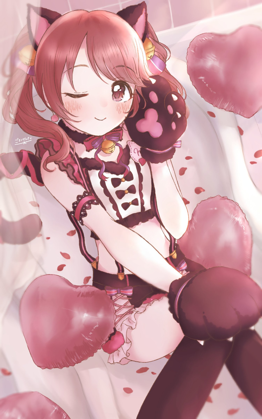 1girl absurdres aimimc animal_ears animal_hands armband balloon bell black_gloves black_shorts black_thighhighs blush bow bowtie brown_hair cat_ears chair choker commentary crop_top earrings flat_chest frilled_shorts frills fur-trimmed_choker fur-trimmed_shirt fur_trim gloves hair_ribbon hand_on_own_knee hand_up heart_balloon highres idolmaster idolmaster_cinderella_girls idolmaster_cinderella_girls_starlight_stage indoors jewelry jingle_bell lace_trim long_hair looking_at_viewer one_eye_closed paw_gloves petals pink_bow pink_bowtie red_eyes ribbon see-through shiina_noriko shirt shorts sitting smile solo suspender_shorts suspenders thighhighs thighs twintails wavy_hair