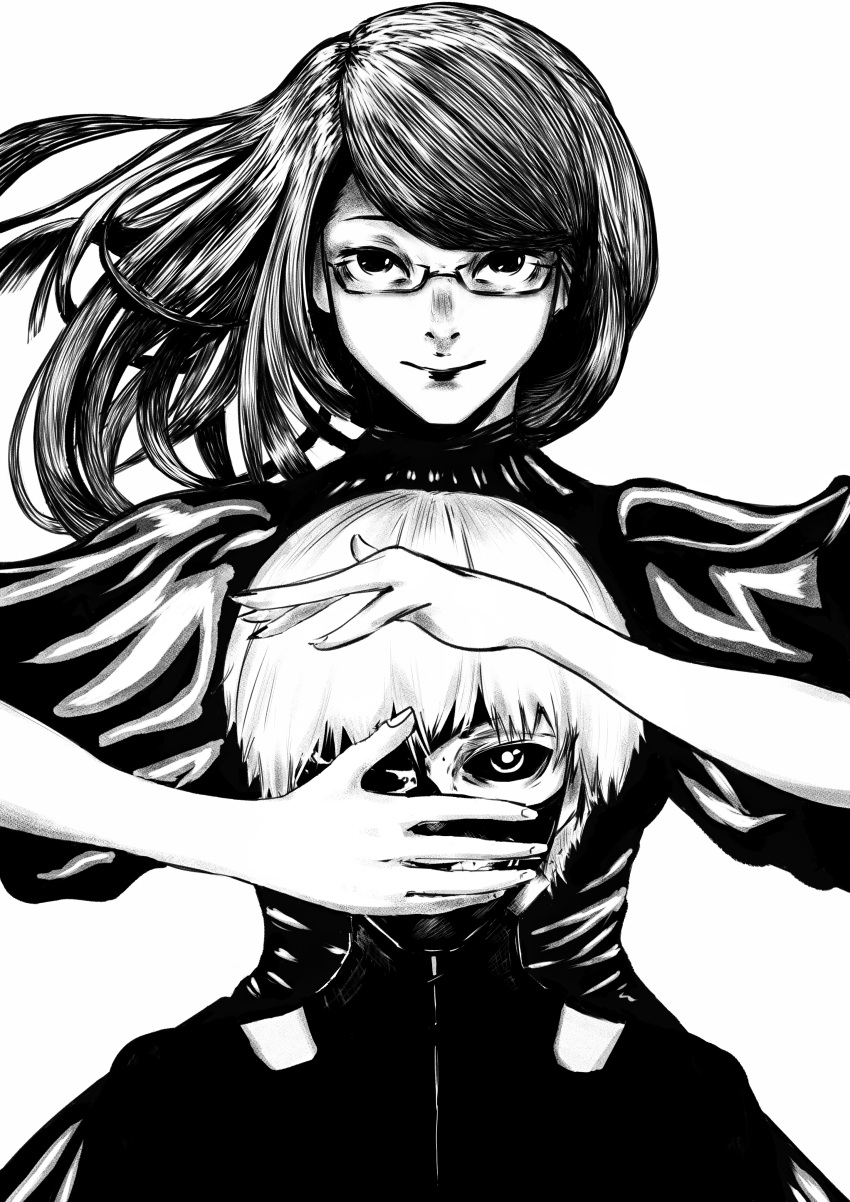 1boy 1girl absurdres closed_mouth euqarcia glasses highres kamishiro_rize kaneki_ken long_hair looking_at_viewer mask monochrome one_eye_covered semi-rimless_eyewear short_hair smile tokyo_ghoul upper_body wide_sleeves