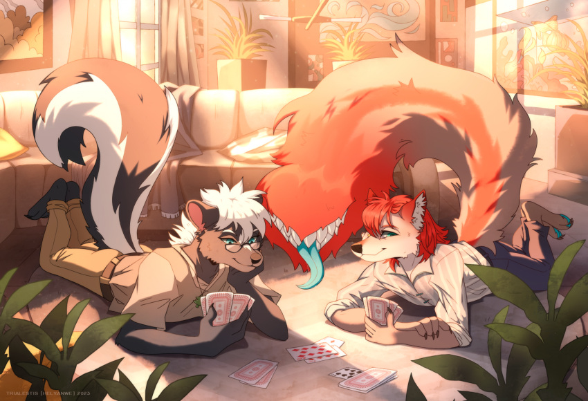 anthro brother brother_and_sister canid canine canis card card_game carpet duo eyewear family family_bonding female furniture gaming glasses hi_res inside legend_of_ahya living_room male mammal mephitid plant playing playing_card sibling sister skunk sofa steven_stinkman sunset tail tail_mouth taylor_renee_wolford_(darkflamewolf) trialestis unusual_anatomy unusual_tail wolf