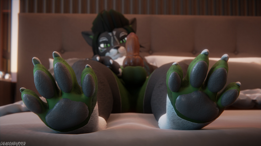 16:9 3d_(artwork) 4k absurd_res anthro balls bed bedroom blender_(software) blender_cycles canid canine claws digital_media_(artwork) dragonplayer erection feet foot_fetish foot_focus foot_play fox fur furniture genitals hair hi_res hindpaw inside knot looking_at_viewer lying lying_on_bed male mammal on_back on_bed pawpads paws penis rexouium solo solo_focus toe_claws toes widescreen worship