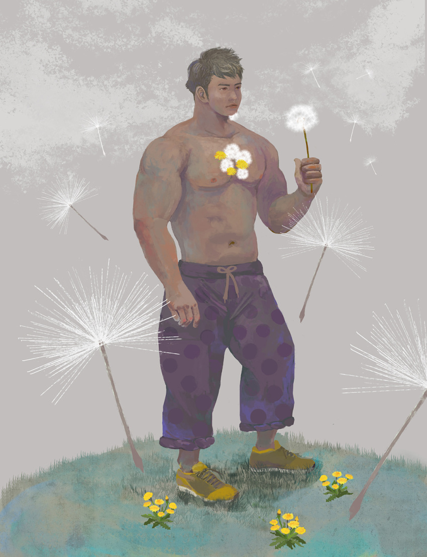 1boy abs acrylic_paint_(medium) bara dark-skinned_male dark_skin flower flower_on_chest flower_request full_body grass grey_sky highres holding large_pectorals long_sideburns looking_ahead male_focus muscular muscular_male navel nipples original painting_(medium) pajamas pants pectorals purple_pants short_hair sideburns sky solo standing stomach thick_eyebrows topless_male torajiro_art traditional_media yellow_flower