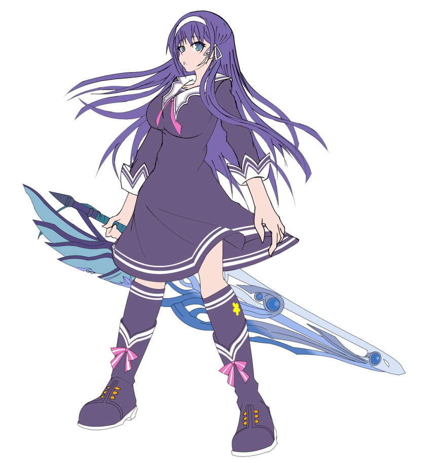 1girl blue_eyes breasts full_body highres holding holding_sword holding_weapon large_breasts long_hair looking_at_viewer purple_hair school_uniform serafuku simple_background skirt solo sword tsukikage_koharu valkyrie_drive valkyrie_drive_-bhikkhuni- weapon white_background xiaott_project
