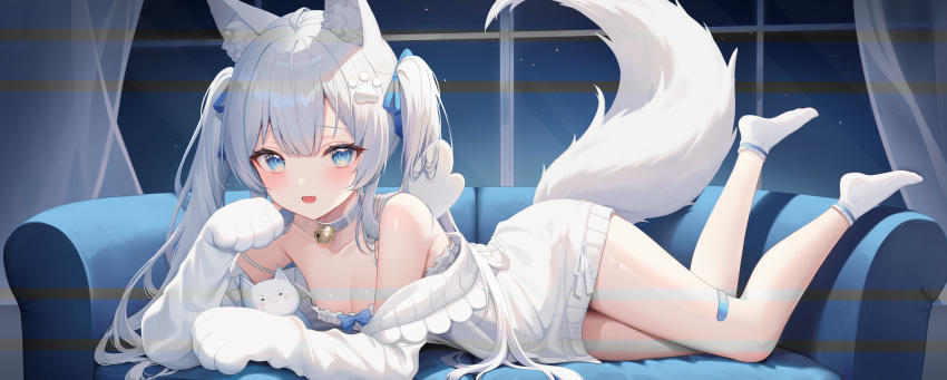 1girl absurdres ahoge animal_ears animal_hands bandaid bandaid_on_leg bare_legs bare_shoulders bell blue_eyes breasts camisole choker cleavage collarbone couch fox_ears fox_girl fox_tail full_body gloves hair_ribbon hand_up highres incredibly_absurdres jacket jingle_bell legs_up lethe_(lethe187) long_hair looking_at_viewer lying night off_shoulder on_couch on_stomach open_mouth original paw_gloves ribbed_jacket ribbon shirt small_breasts smile socks solo spaghetti_strap strap_slip tail tail_raised thighs twintails very_long_hair white_choker white_hair white_jacket white_shirt white_socks