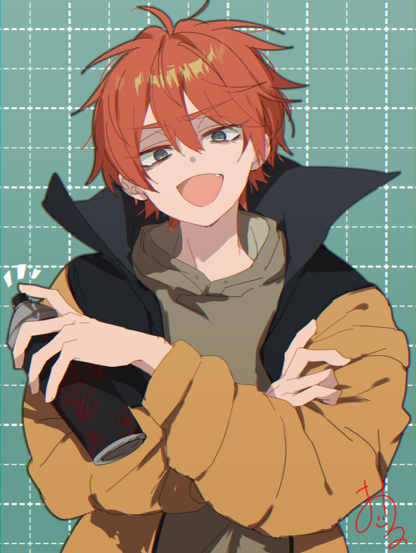 1boy brown_hoodie crossed_arms fang gambol_shroud green_background green_eyes highres hood hood_down hoodie jacket kajiyama_fuuta kao_ru05 long_sleeves looking_at_viewer male_focus milgram open_mouth orange_jacket red_hair signature smile solo spray_paint