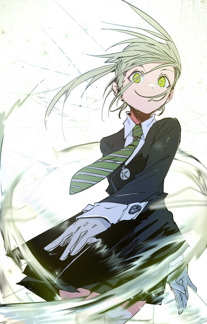 1girl absurdres black_jacket black_skirt blonde_hair collared_shirt ddari floating_hair gloves green_eyes green_necktie highres jacket long_hair looking_at_viewer maka_albarn necktie ponytail revision shirt simple_background skirt solo soul_eater striped striped_necktie striped_skirt white_background white_gloves white_shirt