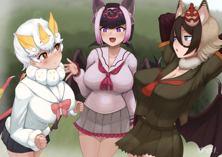 3girls absurdres animal_ears arm_at_side arms_behind_head arms_up bat_ears bat_girl bat_wings black_hair blue_eyes bow bowtie breasts brown_hair cleavage closed_mouth common_vampire_bat_(kemono_friends) cowboy_shot day detached_collar extra_ears fang fur-trimmed_sleeves fur_collar fur_trim grey_hair hair_between_eyes hair_ornament hand_up head_wings highres hilgendorf's_tube-nose_bat_(kemono_friends) honduran_white_bat_(kemono_friends) impossible_clothes impossible_shirt kemono_friends leaning_forward looking_at_another mask mask_on_head medium_hair microskirt multicolored_hair multiple_girls multiple_wings open_mouth outdoors paid_reward_available parted_lips pink_hair pleated_skirt purple_eyes red_eyes shibori_kasu shirt skirt smile tengu_mask white_hair wings