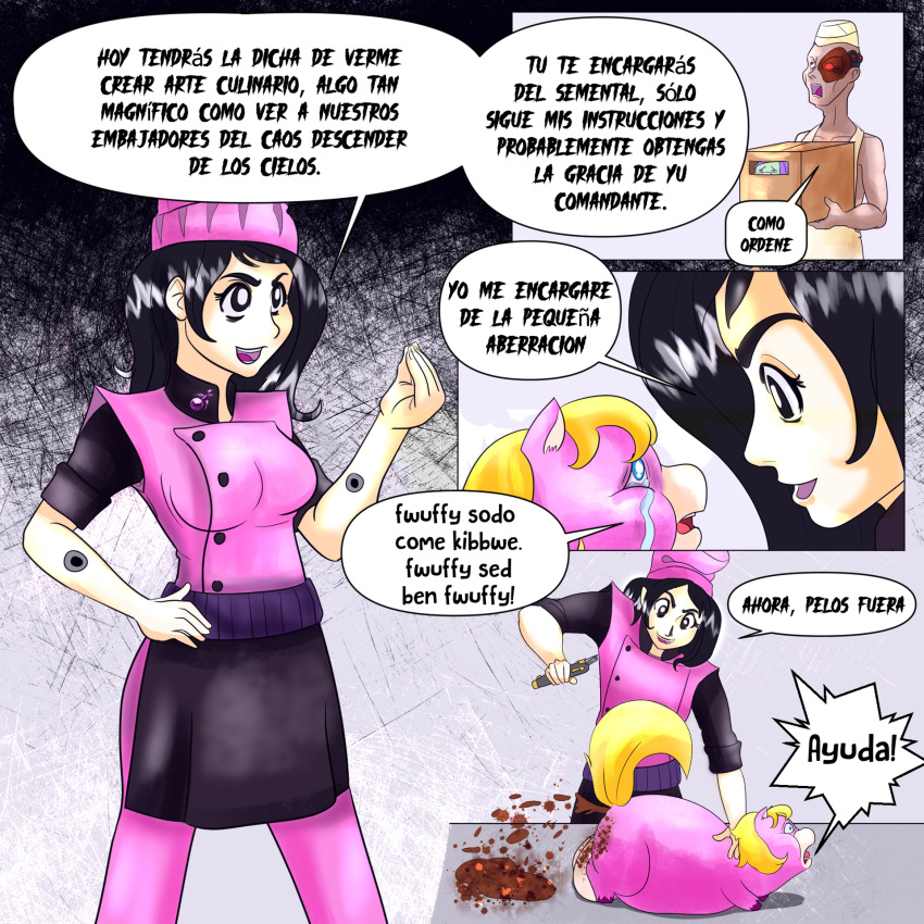 baby_talk black_hair blonde_hair blue_eyes chef_outfit cybernetics cyborg dialogue feces female feral fluffy_pony fur group hair hi_res human inshi machine male mammal pink_body pink_fur pooping spanish_text text