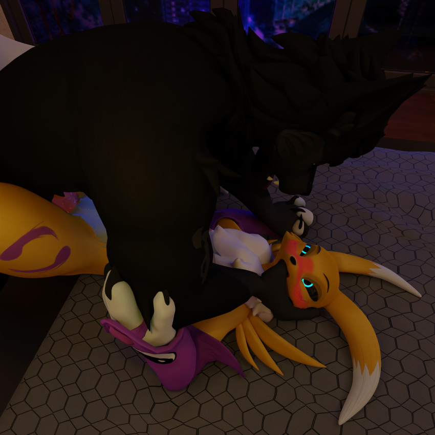 3d_(artwork) alexthewolf1337 animal_genitalia animal_penis anthro armwear bandai_namco black_body black_fur black_sclera blender_(software) bodily_fluids bridal_gauntlets canid canine canine_genitalia canine_penis canis clothing digimon digimon_(species) digital_media_(artwork) duo female fish_hooking fur genital_fluids genitals hi_res knot lying male male/female mammal markings on_back penetration penis precum renamon sex sucking thumb_suck vaginal vaginal_penetration white_body white_fur wolf yellow_body yellow_fur