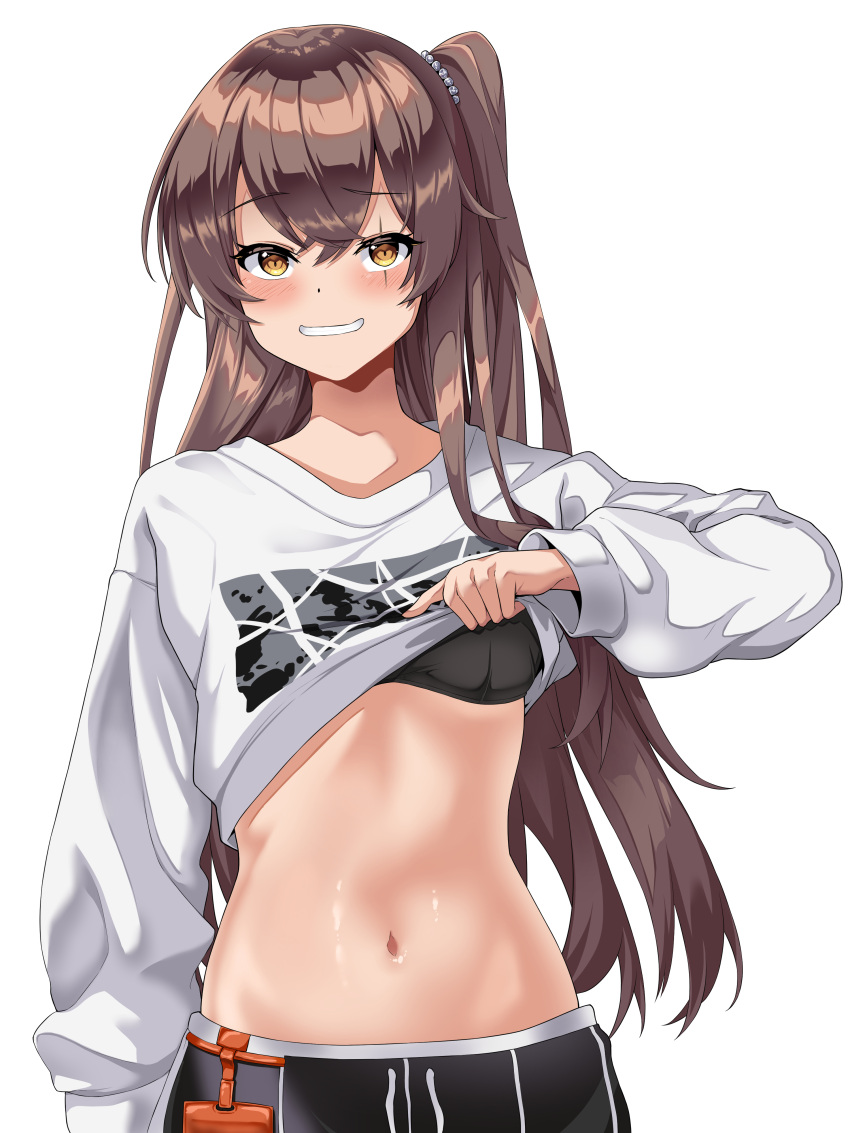 1girl absurdres black_bra bra bra_peek brown_hair clothes_lift crop_top drawstring girls'_frontline grin highres hoppo lifted_by_self long_hair long_sleeves looking_at_viewer midriff navel official_alternate_costume one_side_up orange_eyes scar scar_across_eye shirt shirt_lift simple_background smile solo stomach ump45_(corona_sunset)_(girls'_frontline) ump45_(girls'_frontline) underwear upper_body white_background white_shirt