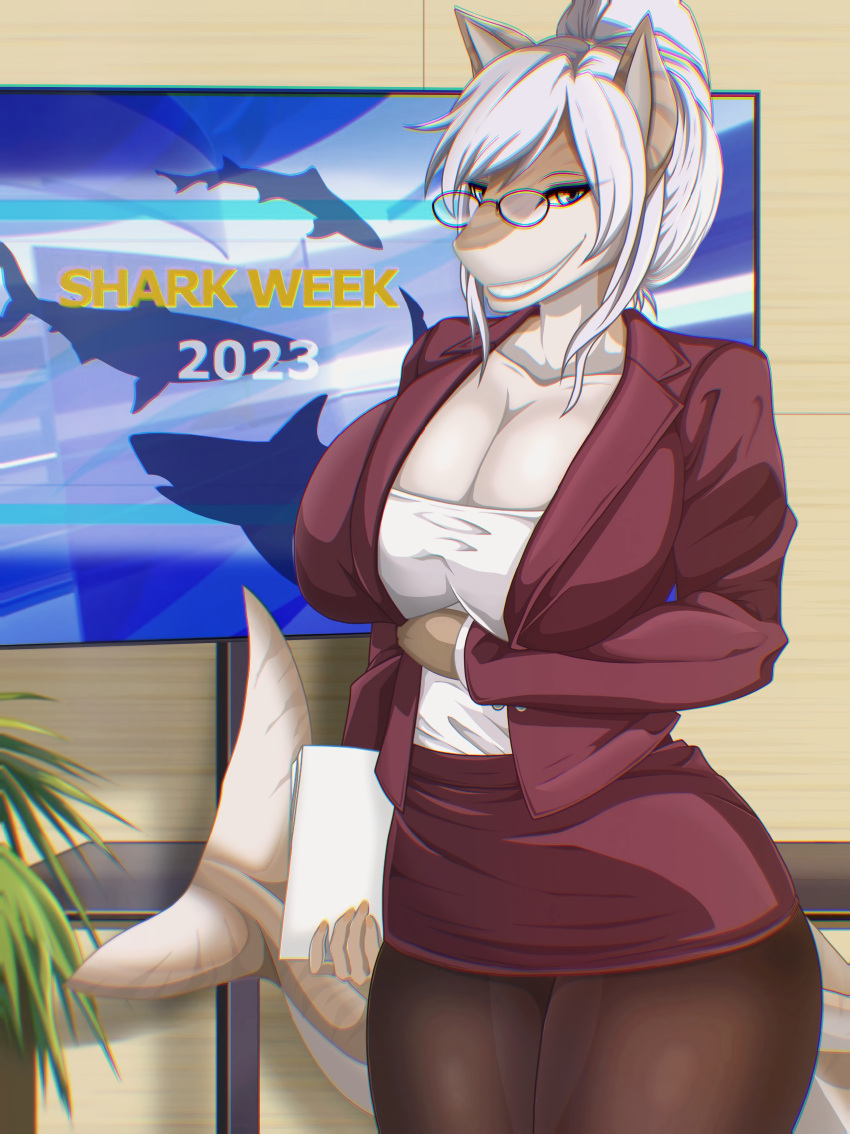 absurd_res anthro biped blue_eyes breasts cleavage clothed clothing detailed_background discovery_channel female fish front_view hair hi_res looking_at_viewer marine meme q_wed shark shark_week smile solo tan_body white_hair