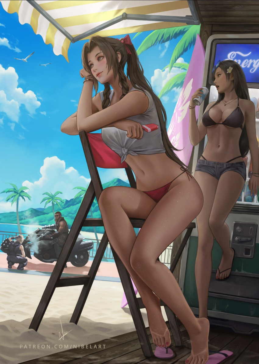 2boys 2girls aerith_gainsborough alternate_costume arm_rest artist_name bare_legs barefoot barret_wallace beach bikini black_bikini black_footwear black_hair blue_sky bracelet braided_sidelock breasts brown_eyes brown_hair can cloud cloud_strife cloudy_sky collarbone commentary dark-skinned_male dark_skin day english_commentary feet final_fantasy final_fantasy_vii flip-flops flower hair_flower hair_intakes hair_ornament hair_ribbon highleg highleg_bikini highres holding jewelry legs lips looking_to_the_side medium_breasts micro_shorts midriff motor_vehicle motorcycle multiple_boys multiple_girls nail_polish navel necklace nibelart on_chair open_mouth outdoors palm_tree pink_footwear red_bikini red_nails red_ribbon ribbon sandals shadow shirt shorts side-tie_bikini_bottom signature sitting sky sleeveless squatting standing standing_on_one_leg swimsuit tan tanlines thighs tied_shirt tifa_lockhart toenail_polish toenails toes tree vending_machine web_address wooden_floor