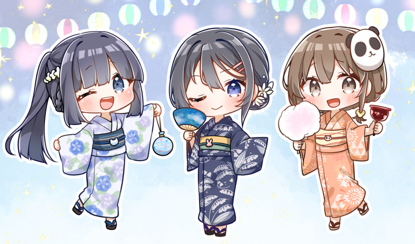 3girls ;) ;d azusagawa_kaede black_footwear black_hair black_kimono blue_eyes blush braid brown_eyes brown_footwear brown_hair brown_kimono candy_apple chibi comiket_102 commentary_request cotton_candy floral_print flower food hair_between_eyes hair_flower hair_ornament hairclip hand_fan highres holding holding_fan holding_food jako_(jakoo21) japanese_clothes kimono lantern long_hair long_sleeves makinohara_shouko mask mask_on_head multiple_girls obi one_eye_closed panda_mask paper_fan paper_lantern pinching_sleeves ponytail sakurajima_mai sash seishun_buta_yarou sleeves_past_fingers sleeves_past_wrists smile socks tabi teeth uchiwa upper_teeth_only very_long_hair white_flower white_socks wide_sleeves zouri