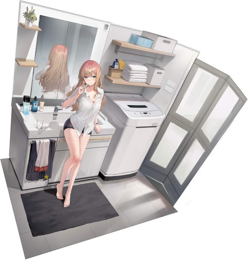 1girl azur_lane barefoot basket bathroom black_shorts blush bottle box bra bracelet breasts brushing_teeth closed_mouth collarbone collared_shirt cowboy_shot cup dress_shirt drinking_glass feet glass green_eyes gridman_universe hand_up highres holding indoors jewelry kurumi_(recycllamo) lace-trimmed_shorts lace_trim legs light_brown_hair long_hair minami_yume minami_yume_(morning_routine) mirror no_pants official_art pink_bra reflection see-through shirt shorts sink sleeves_rolled_up soap_bottle solo ssss.dynazenon standing t-shirt thighs toes toothbrush towel underwear water_on_glass white_shirt