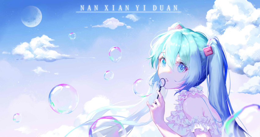 1girl alternate_costume aqua_eyes aqua_hair arm_cuffs artist_name blue_sky bubble bubble_blowing bubble_wand cloud commentary frilled_shirt frills gradient_sky hatsune_miku highres looking_at_viewer looking_back moon nanxianyiduan outdoors pink_sky shaded_face shirt sidelocks sky sleeveless sleeveless_shirt solo twintails upper_body vocaloid white_shirt