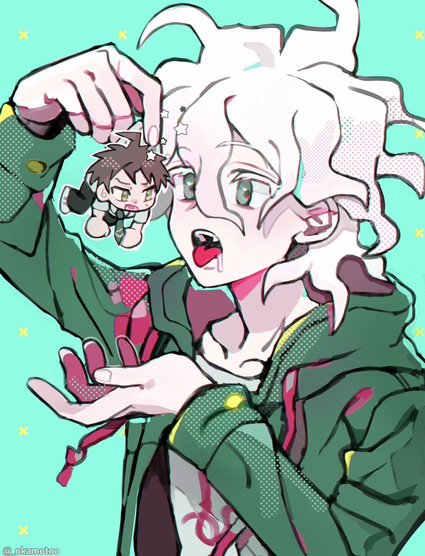 2boys absurdres arm_up bangs chibi collarbone danganronpa_(series) danganronpa_2:_goodbye_despair green_background green_eyes green_jacket grey_hair hand_up highres hood hood_down hooded_jacket imminent_vore jacket komaeda_nagito lifting_person messy_hair multiple_boys okamotoo open_clothes open_jacket print_shirt shirt star_(symbol) teeth tongue tongue_out upper_body upper_teeth_only