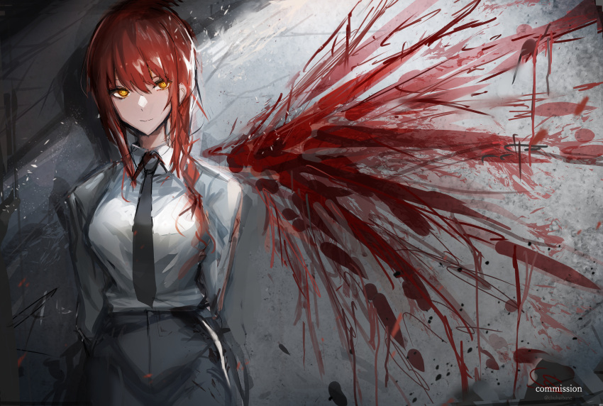 1girl absurdres black_necktie black_pants blood_on_wall braid breasts chainsaw_man chuhaibane commission drawn_wings highres large_breasts long_sleeves makima_(chainsaw_man) necktie pants red_hair shirt sidelocks single_braid solo white_shirt