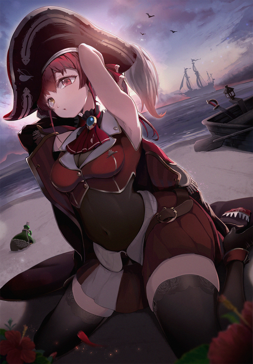 1girl bird black_coat black_footwear blue_brooch breasts cleavage coat cropped_jacket detached_collar gloves hat highres hololive houshou_marine houshou_marine_(1st_costume) jacket large_breasts leotard leotard_under_clothes looking_at_viewer neckerchief nishizono_shin ocean pink_hair pirate pirate_costume pirate_hat pirate_ship pleated_skirt red_eyes red_jacket red_neckerchief red_skirt seagull see-through see-through_cleavage sidelocks sitting skirt sky sleeveless sleeveless_jacket smile thighhighs twintails virtual_youtuber wariza white_gloves