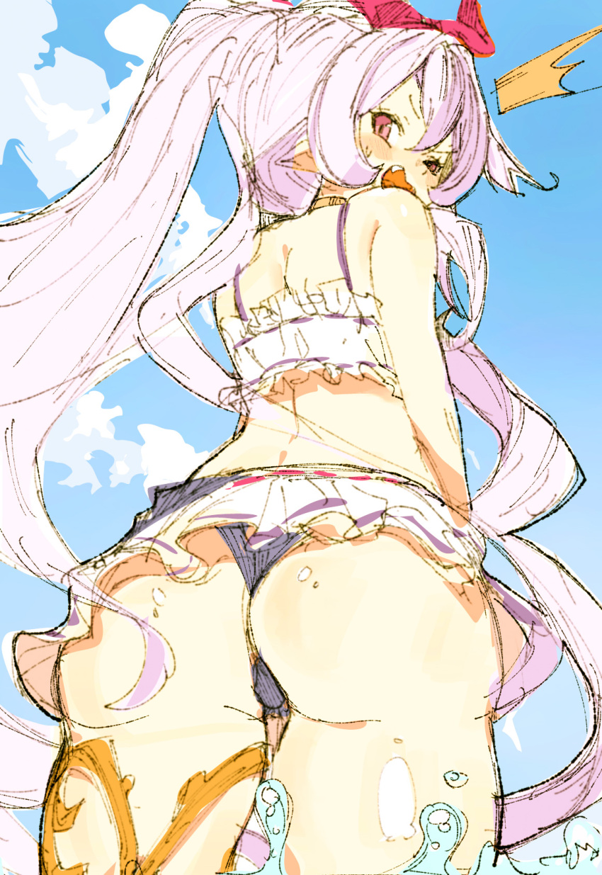 1girl ass bikini cloud day fang frilled_bikini frills from_behind from_below gorirago granblue_fantasy highres long_hair looking_at_viewer looking_back medusa_(shingeki_no_bahamut) open_mouth outdoors pink_hair pointy_ears red_eyes sidelocks solo swimsuit thigh_strap very_long_hair water white_bikini