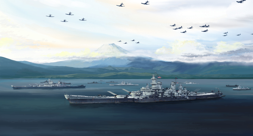 absurdres aircraft airplane american_flag battleship day fighter_jet highres jet military military_vehicle mo_yu_de_jiaozi mountain no_humans original outdoors ship united_states_navy warship water watercraft