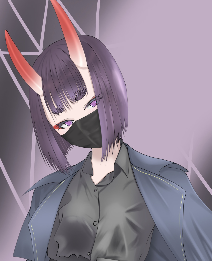 1girl absurdres alternate_costume black_shirt bob_cut demon_girl eyeliner fate/grand_order fate_(series) highres horns looking_at_viewer makeup mask mouth_mask oni oni_horns open_mouth purple_eyes purple_hair shirt short_hair shuten_douji_(fate) skin-covered_horns smile solo user_tvny5553