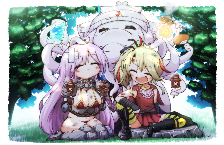 3girls ange_(demonsroots) armor bikini_armor black_footwear blonde_hair blush boots capelet claura_(demonsroots) closed_eyes deathpolca demons_roots dress eating food full_body grass greaves highres ikayaki jar jewelry kado_(hametunoasioto) light_purple_hair long_hair multiple_girls open_mouth outdoors pauldrons red_dress ring shoulder_armor side_ponytail smile squid striped striped_thighhighs thighhighs