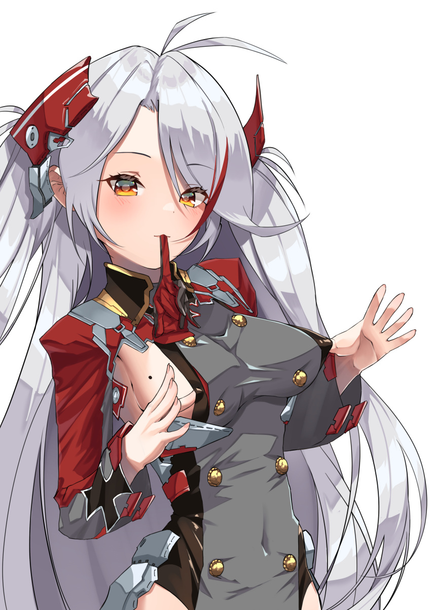 1girl absurdres antenna_hair azur_lane breasts buttons clothing_cutout double-breasted glove_in_mouth gloves grey_hair headgear highres long_sleeves looking_at_viewer marimo_daifuku medium_breasts mole mole_on_breast mouth_hold multicolored_hair orange_eyes prinz_eugen_(azur_lane) red_hair side_cutout sideboob simple_background solo streaked_hair two-tone_hair upper_body white_background