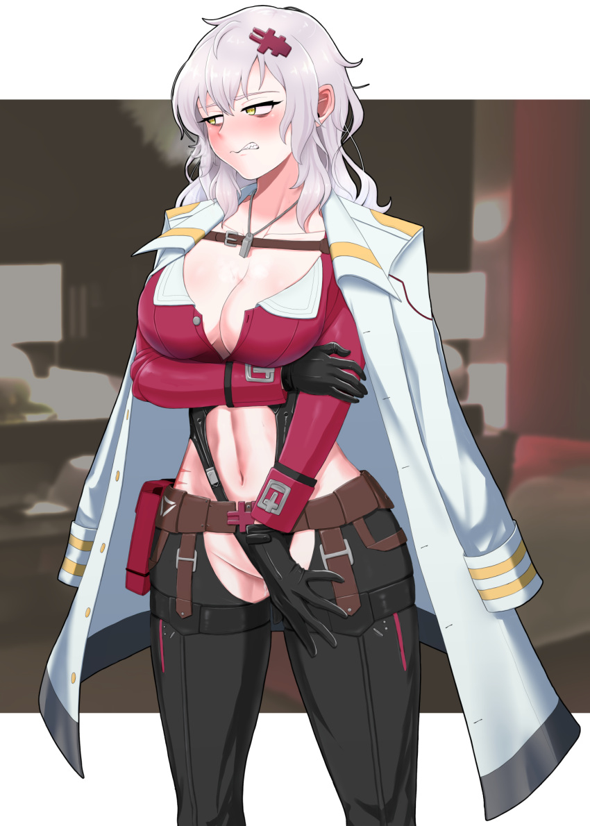 1girl abaresouka arm_under_breasts belt belt_pouch black_gloves black_leotard blush breasts chaps chest_strap cleavage clenched_teeth clothing_cutout coat coat_on_shoulders collarbone commentary_request cowboy_shot cropped_jacket cum dog_tags gloves goddess_of_victory:_nikke grey_hair groin hair_between_eyes hair_ornament hairclip highres jacket large_breasts leotard long_hair looking_away messy_hair navel navel_cutout pouch red_jacket scar scar_on_stomach sharp_teeth solo standing stomach sweat teeth unbuttoned white_coat yellow_eyes yulha_(nikke)