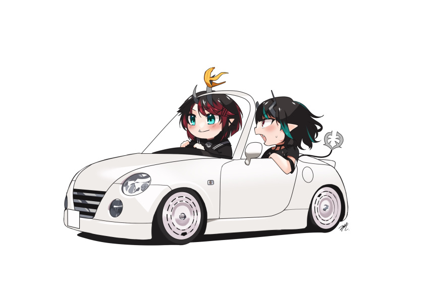 2girls banana_peel black_dress black_hair blue_eyes blue_hair blush car chibi closed_mouth commentary_request convertible daihatsu_copen demon_girl demon_horns demon_tail dress driving fang highres horns looking_at_another medium_bangs medium_hair motor_vehicle multicolored_hair multiple_girls nanashi_inc. official_alternate_costume open_mouth pointy_ears red_eyes red_hair ryugasaki_rene ryugasaki_rene_(3rd_costume) shishio_chris shishio_chris_(3rd_costume) short_hair short_sleeves signature simple_background smile tail two-tone_hair upper_body vehicle_focus virtual_youtuber white_background zono_(inokura_syuzo029)