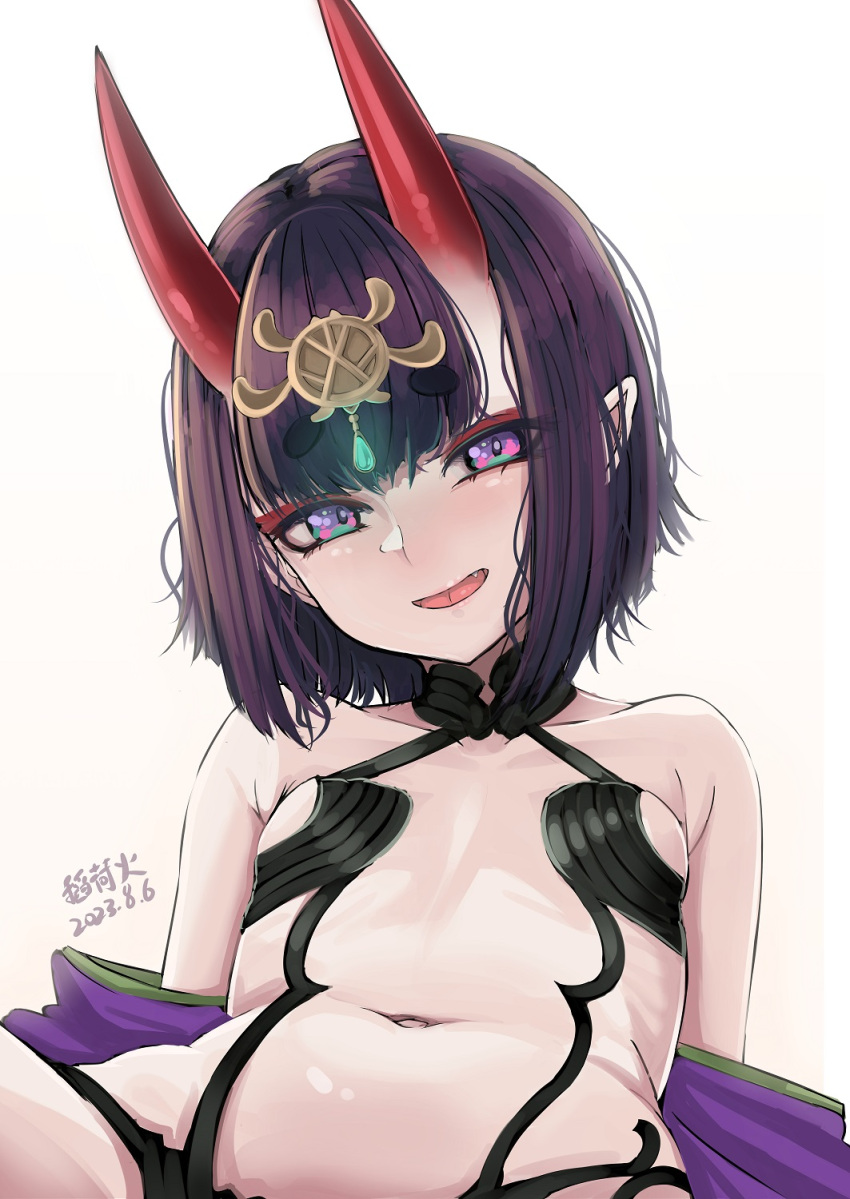 1girl b.d bare_shoulders bob_cut breasts collarbone eyeliner fate/grand_order fate_(series) headpiece highres horns japanese_clothes kimono looking_at_viewer makeup navel off_shoulder oni oni_horns open_clothes open_kimono open_mouth pointy_ears purple_eyes purple_hair purple_kimono revealing_clothes short_hair shuten_douji_(fate) skin-covered_horns small_breasts smile solo