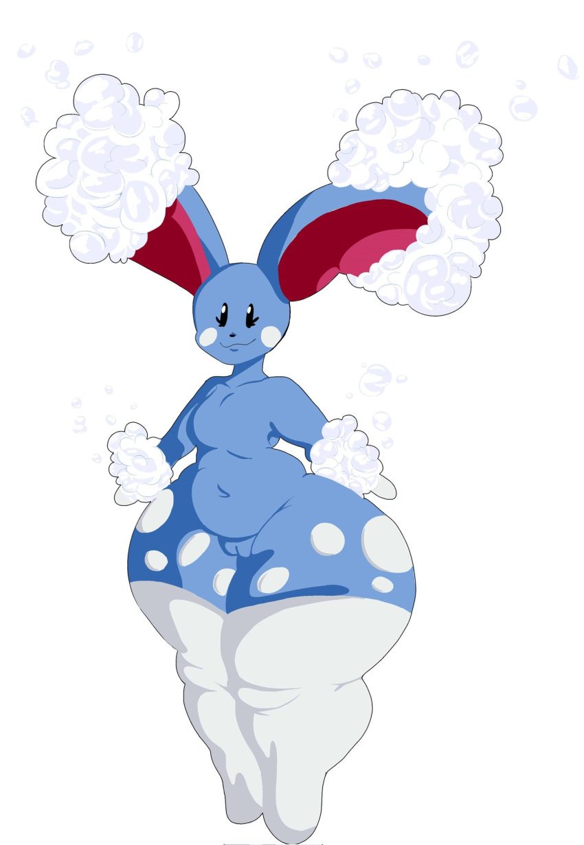 anthro azumarill beady_eyes black_eyes blue_body blue_fur bottom_heavy breasts clothing cumlord featureless_breasts featureless_feet female fur fusion generation_2_pokemon generation_4_pokemon genitals hi_res hybrid legwear looking_at_viewer lopunny navel nintendo pokemon pokemon_(species) pokemon_fusion pussy rosy_cheeks short_stack simple_background smile solo spots thick_thighs thigh_highs white_background white_body white_clothing white_fur white_legwear white_spots white_thigh_highs wide_hips