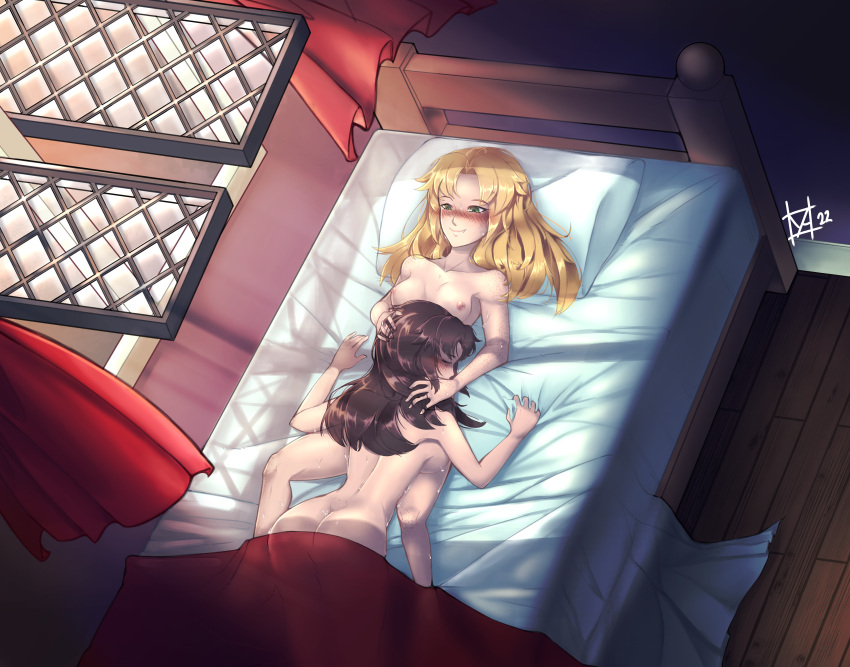 2girls absurdres after_sex ass back bed blonde_hair blush breasts brown_hair commission completely_nude curtains day girl_on_top highres indoors long_hair medium_breasts multiple_girls nipples nude on_bed original pillow smile sunlight sweat window wooden_floor yashrimp yuri