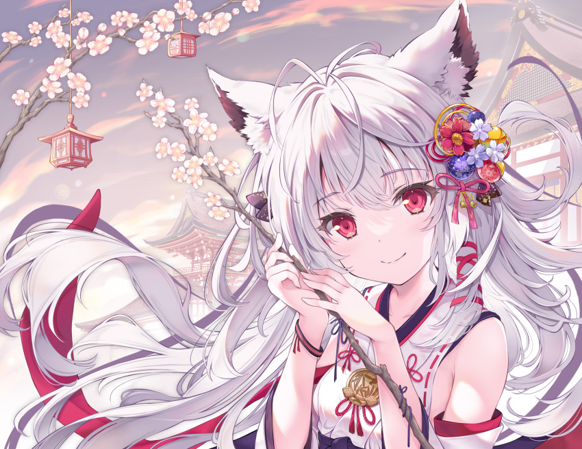 1girl animal_ear_fluff animal_ears architecture bare_shoulders branch breasts closed_mouth cloud commentary_request day detached_sleeves east_asian_architecture flower fox_ears hair_between_eyes hands_up highres holding holding_branch japanese_clothes kimono long_hair long_sleeves looking_at_viewer original outdoors red_eyes ribbon_trim sky small_breasts smile solo tenmu_shinryuusai upper_body very_long_hair white_flower white_hair white_kimono white_sleeves wide_sleeves