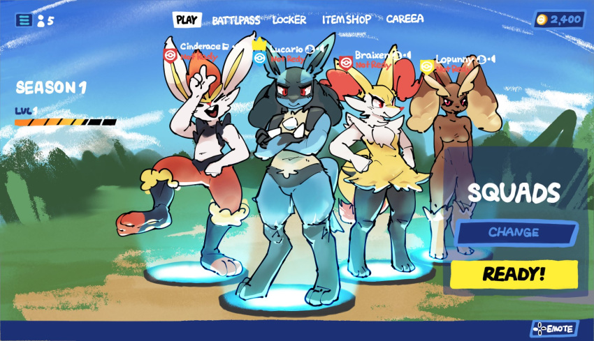 2023 anthro braixen breasts cinderace cloud crossover day english_text epic_games featureless_breasts featureless_crotch female fortnite gameplay_mechanics generation_4_pokemon generation_6_pokemon generation_8_pokemon group hi_res looking_at_viewer lopunny lucario male netchy_boo nintendo pokemon pokemon_(species) smile text